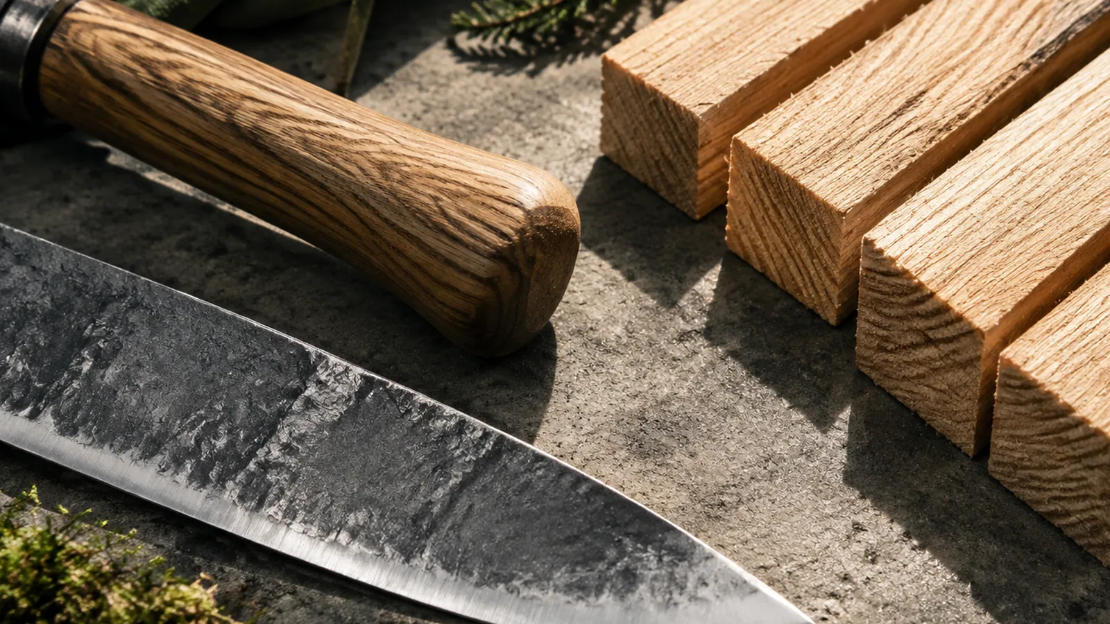 Materialstudie mit Kies, Stahl und Holzoberflächen