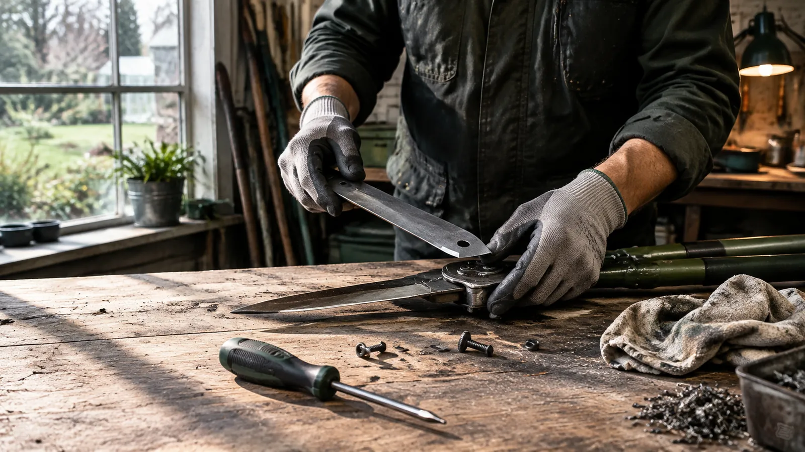 Werkbank mit Werkzeug und Messingbauteilen