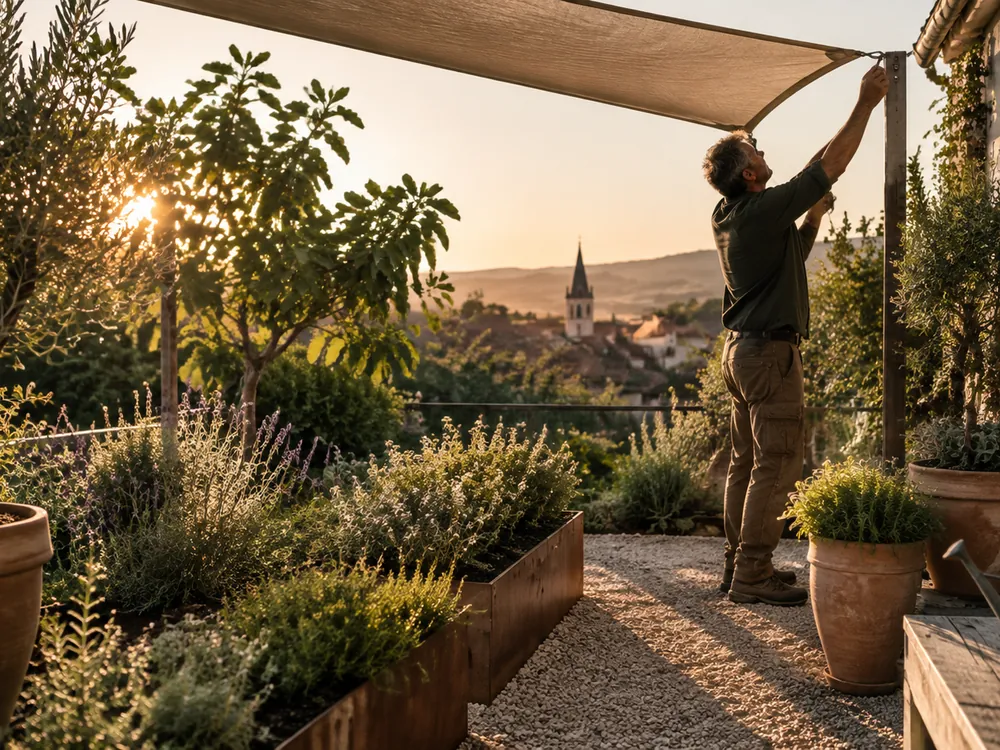 Foto: Südterrasse mit Kräuterbeeten und Sonnensegel