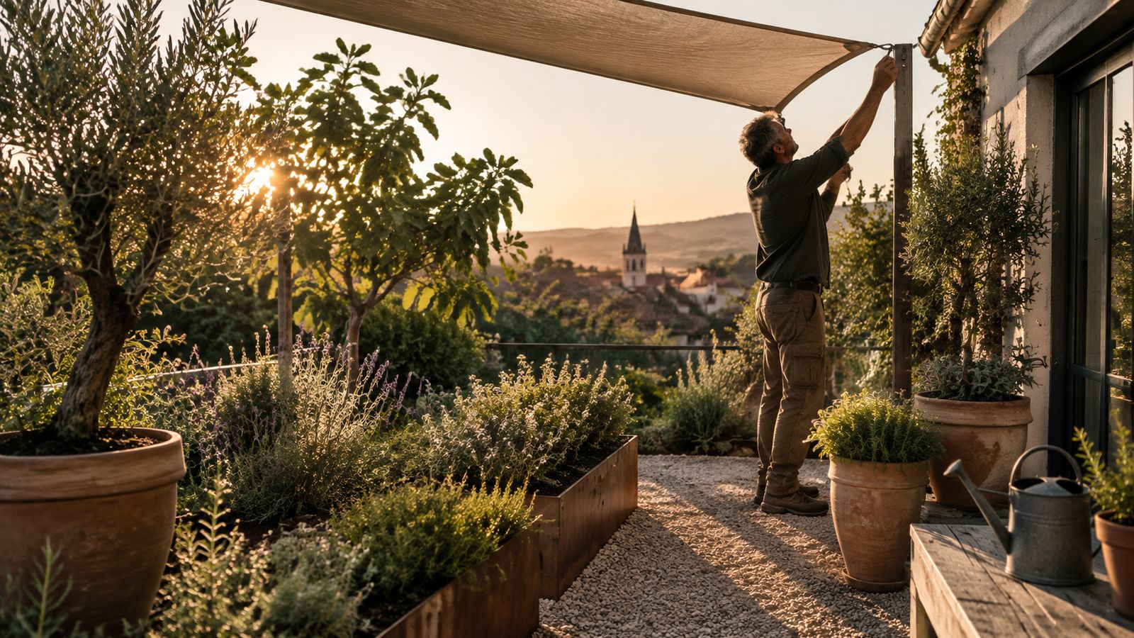 Foto: Südterrasse mit Kräuterhochbeeten und einem Sonnensegel im Abendlicht
